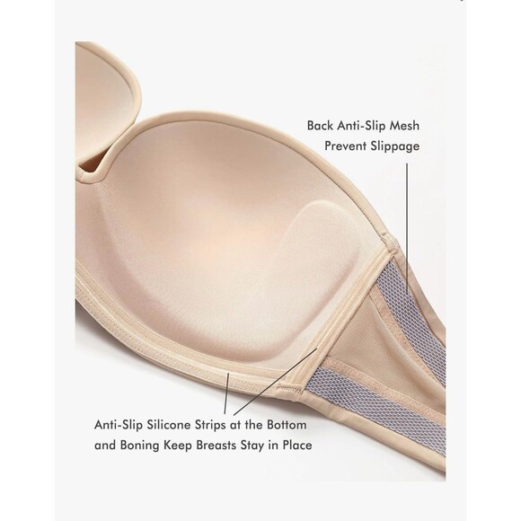 Delimira Strapless Plunge Bra 34D Beige Push Up Flex Underwire Lightly Lined NEW - Picture 3 of 9